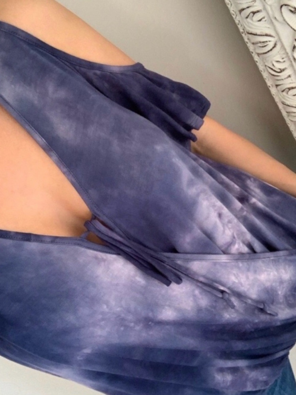 Blue Tie Dye Cold Shoulder Draped Short Sleeve Top / Small / WORN ONCE! 💙🤍 - Picture 4 of 6